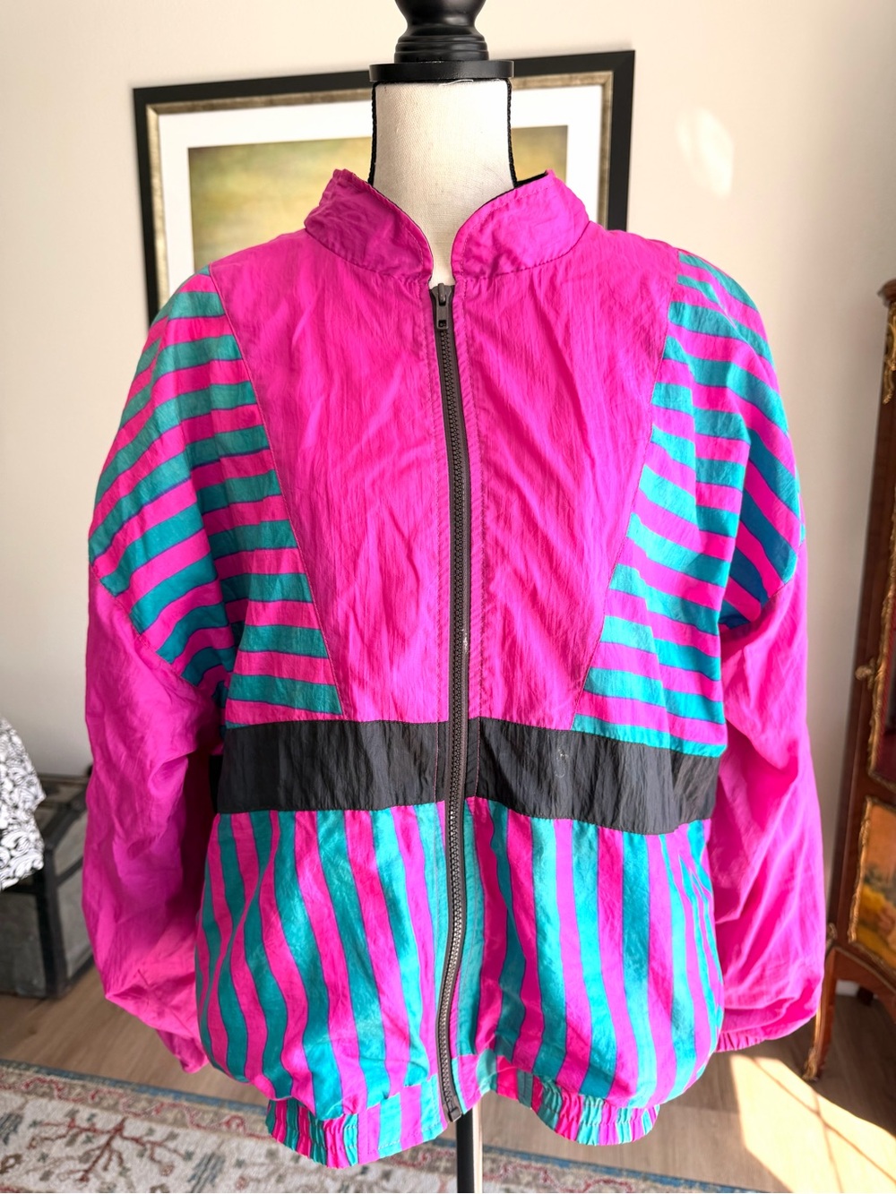 Vintage 80s 90s Pacific Scene Neon Pink Teal Windbreaker Jacket XL